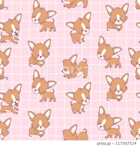 Seamless pattern with chihuahua dog on pink checkered background. Funny cartoon kawaii pet character. Vector illustration. Kids collection. 117307524