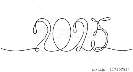 Decoration continuous line hand drawing sign for 2025 year calendar, presentation, poster. Vector stock illustration minimalism design isolated on white background. Editable stroke single line. EPS10 117307534