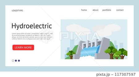 Power plant landing page. Hydroelectric station. Electricity generation. Renewable energy of water. Website design template. Alternative resource. Hydropower turbines. Vector background Power plant landing page. Hydroelectric station. Electricity generation. Renewable energy of water. Website design template. Alternative resource. Hydropower turbines. Vector background 117307597