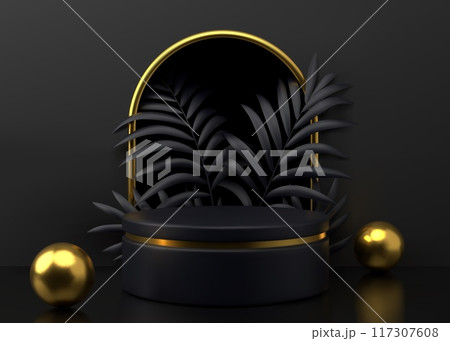 3d black stage. Gold product podium, pedestal with beauty plant leaf, jungle leaves for nature cosmetic presentation, premium quality, luxury product promo. Banner background. Vector object 117307608