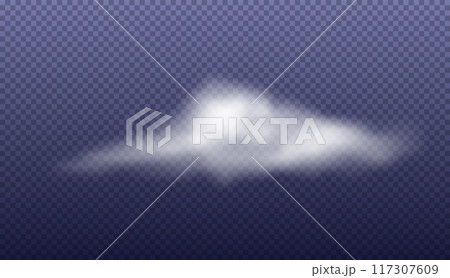 Realistic cloud. Fog isolated element. 3d smoke texture, fluffy cloudscape. Weather object. Special effect of steam, mist and white smog. Vector isolated meteorology transparent illustration 117307609