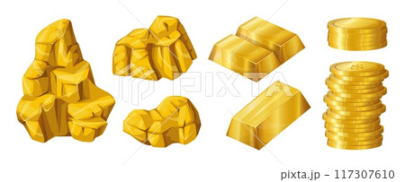 Gold bar. Golden nugget. Coins stack. Jewel boulders. Expensive metal. Geological material. Goldmine ore. Yellow metallic money. Treasure cobble. Vector isolated goldmine prills set 117307610