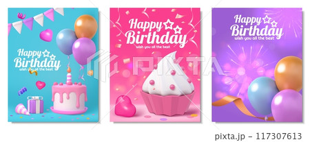 Birthday cards. Happy greeting cake, anniversary gift for pink love wedding celebrate, confetti and dessert. 3d glossy render elements. Party invitation festival set. Vector background 117307613
