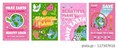 Earth Day posters. Green planet retro characters. Nature save. Eco friendly motivation phrase. Global environment conservation. Ecological education art post. Vector graphic banners set 117307616