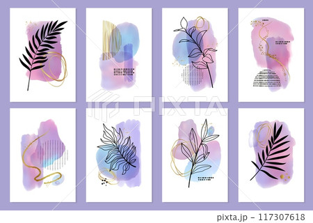 Watercolor shapes. Abstract watercolour geometric paint, boho gold and brown order elements, leaves and golden lines. Minimalist floral poster or wall art. Wedding invitation. Vector design 117307618