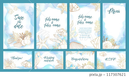 Beach wedding invitation. Summer sea ocean frame, watercolor and gold fish card with pearl, nautical template. Elegant marine elements, golden lines starfish and shell, vector background set 117307621