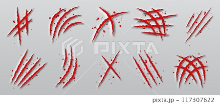 Claw scratch marks. Dinosaur nail paw tracks. Animal bloody damages. Cat or tiger shred attacks. Bears rough furrows. Halloween stripes. Lion slashes print texture. Vector talon traces set 117307622