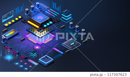 Semiconductor hardware. Computer motherboard chip. CPU microchip components of circuit technology. Electronic processor. Cyber engineering. PC microprocessor. Vector design background 117307623