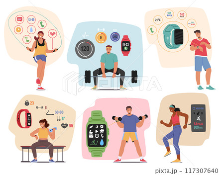 Set Of People Using Smartwatches And Fitness Apps During Exercises. Characters Running, Lifting Weights And Cycling 117307640