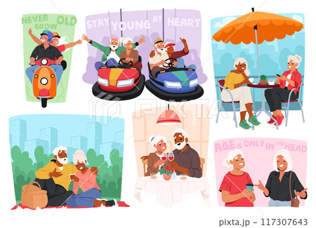 Cheerful Older People Engaging In Diverse Activities, From Riding Scooters To Enjoying Bumper Cars, Outdoor Picnics 117307643
