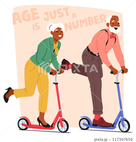 Joyful Senior Couple Riding Scooters And Having Fun Together. Cartoon Illustration Captures Happiness, Youthfulness 117307650