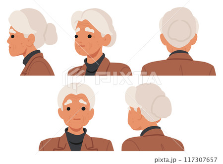 Elderly Woman Shown From Different Angles. Vector Illustration Highlights Female Character Profile, Front And Back Views 117307657