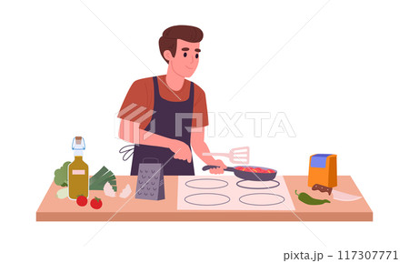 Man cooking at home. Male character cooking tasty dishes, preparing food at home flat vector illustration. Homemade meal preparation scene 117307771