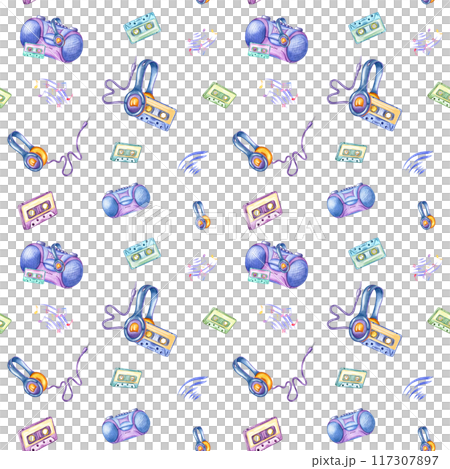 Wired headphones, Audio cassette, Tape recorder. Sounds of music and musical notes. Musical seamless pattern in 90s, Y2K style. Color watercolor illustration. For textile design, package, wrapping 117307897