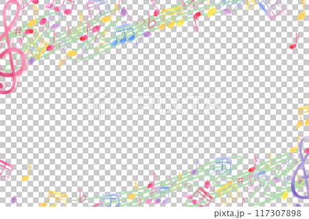 Vibrant Musical Border. Notes and treble clefs on music staff. Horizontal frame with copy space for text. International Music Day. Watercolor illustration for greeting, invitation, advertising 117307898