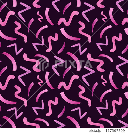Naive magenta zigzag scribble. Line doodle seamless pattern. Abstract smooth texture. Watercolor illustration isolated on black background. For party design, celebration package, textile. 117307899