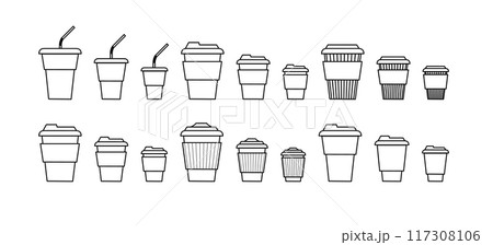 Coffee cup line and flat style. Disposable coffee cup. Coffee paper cup container for hot and cold drink juice tea cocoa. Vector Coffee cup line and flat style. Disposable coffee cup. Coffee paper cup container for hot and cold drink juice tea cocoa. Vector 117308106