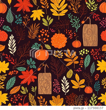 Colorful background of autumn maple tree leaves black background. Multicolor maple leaves autumn background. Painted in watercolor 117308137