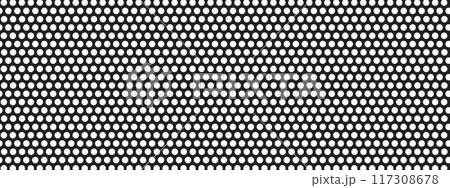 Repeated round dots. White circles on black background. Peg board, radiator or speaker grill surface with repeated holes. Mosaic holey print. Perforated metal texture. Vector graphic illustration 117308678