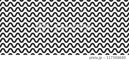 Horizontal wavy thick lines. Black and white wiggly stripes. Parallel curves texture. Sea, ocean, lake or river pattern. Minimalistic graphic print. Vector graphic illustration Horizontal wavy thick lines. Black and white wiggly stripes. Parallel curves texture. Sea, ocean, lake or river pattern. Minimalistic graphic print. Vector graphic illustration 117308680
