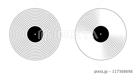 Vinyl plate icons. LP or long play music records isolated on white background. DJ equipment for techno party or discotheque in retro style. Vector graphic illustration Vinyl plate icons. LP or long play music records isolated on white background. DJ equipment for techno party or discotheque in retro style. Vector graphic illustration 117308698