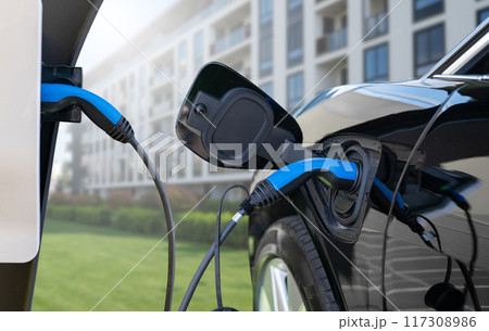 Close up of electric car inlet with a connected charging cable Close up of electric car inlet with a connected charging cable 117308986