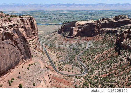 Scenic view in Colorado National Monument with city of Fruita in background. Scenic view in Colorado National Monument with city of Fruita in background. 117309143