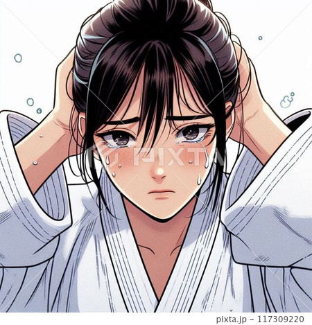 悔し涙を流し頭を抱えている女子柔道選手 悔し涙を流し頭を抱えている女子柔道選手 117309220