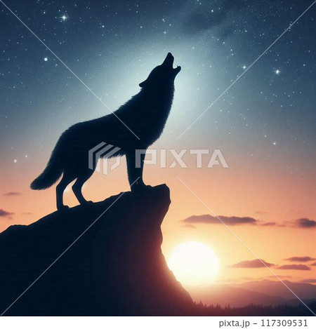 崖の上で遠吠えをするオオカミのシルエット 崖の上で遠吠えをするオオカミのシルエット 117309531