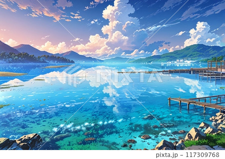 幻想的に青く輝く湖のイラスト素材 [117309768] - PIXTA