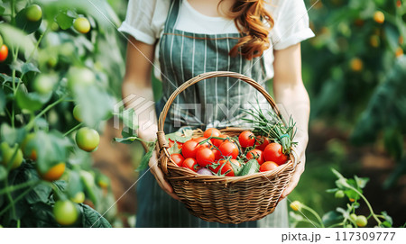 A woman in a striped apron holds a basket of...のイラスト素材 [117309777] - PIXTA