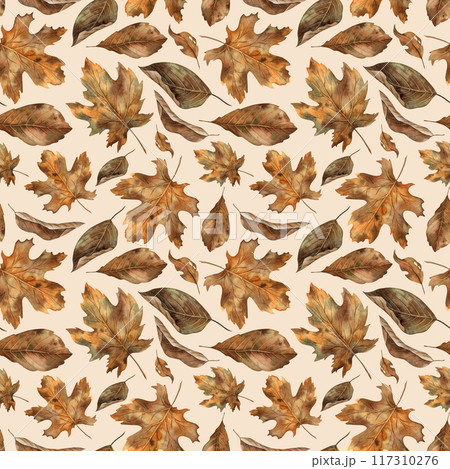 Various types of autumn dry leaves. Watercolor botanical seamless pattern in autumn style on a beige background. For seasonal design, Halloween, Thanksgiving, cards, posters, wallpaper, textiles 117310276