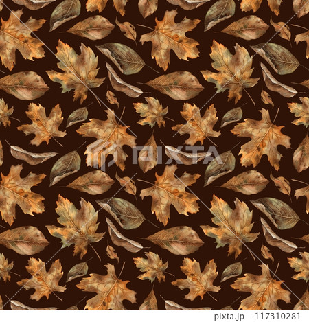 Various types of autumn dry leaves. Watercolor botanical seamless pattern in autumn style on a brown background. For seasonal design, Halloween, Thanksgiving, cards, posters, wallpaper, textiles 117310281