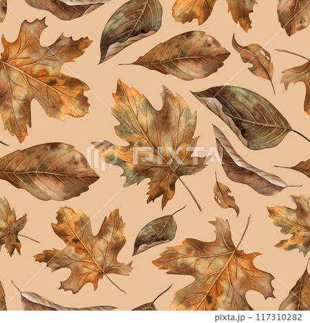 Various types of autumn dry leaves. Watercolor botanical seamless pattern in autumn style on a beige background. For seasonal design, Halloween, Thanksgiving, cards, posters, wallpaper, textiles 117310282