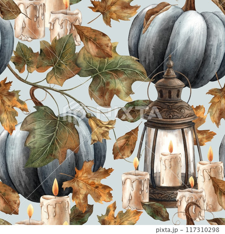 Vintage lantern with wax candles, black pumpkin and dry leaves. Watercolor pattern in Gothic style on a blue background. Suitable for Halloween design, vintage holidays, cards, posters, packaging 117310298