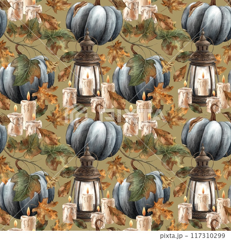 Vintage lantern with wax candles, black pumpkin and dry leaves. Watercolor pattern in Gothic style on a green background. Suitable for Halloween design, vintage holidays, cards, posters, packaging Vintage lantern with wax candles, black pumpkin and dry leaves. Watercolor pattern in Gothic style on a green background. Suitable for Halloween design, vintage holidays, cards, posters, packaging 117310299