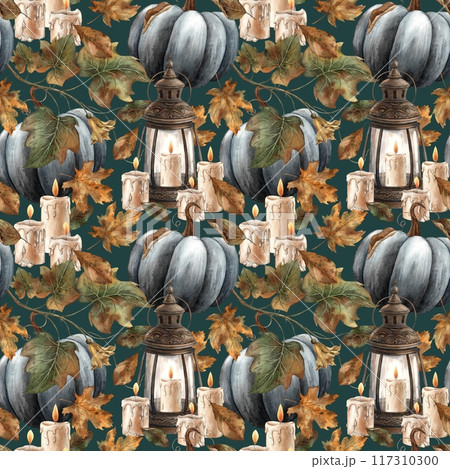 Vintage lantern with wax candles, black pumpkin and dry leaves. Watercolor pattern in Gothic style on an azure background. Suitable for Halloween design, vintage holidays, cards, posters, packaging 117310300