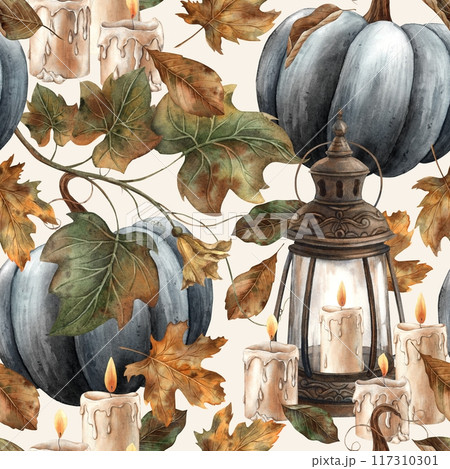 Vintage lantern with wax candles, black pumpkin and dry leaves. Watercolor pattern in Gothic style on a beige background. Suitable for Halloween design, vintage holidays, cards, posters, packaging Vintage lantern with wax candles, black pumpkin and dry leaves. Watercolor pattern in Gothic style on a beige background. Suitable for Halloween design, vintage holidays, cards, posters, packaging 117310301