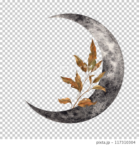 Black moon, realistic brown dry autumn branch with leaves. Watercolor illustration hand drawn in gothic style. Suitable for holiday and autumn themed designs for Halloween, cards, posters, decorations 117310304