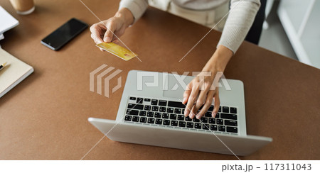 Young woman makes a purchase on the Internet on the laptop with credit card Young woman makes a purchase on the Internet on the laptop with credit card 117311043