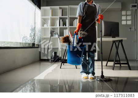 Female housekeeper smile and wearing glove, preparing to clean office 117311083