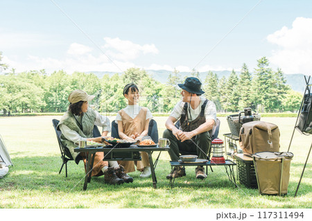 公園・キャンプ場でデイキャンプ・キャンプ・バーベキューを楽しむ仲良しのファミリー 公園・キャンプ場でデイキャンプ・キャンプ・バーベキューを楽しむ仲良しのファミリー 117311494
