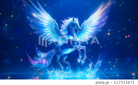 宇宙銀河に現れた透明な青色のペガサス。のイラスト素材 [117311671