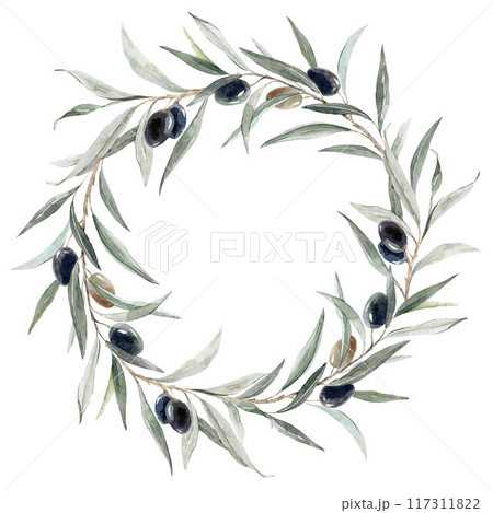 Beautiful hand drawn watercolor wreath of olive branches with black olives stock illustration. 117311822