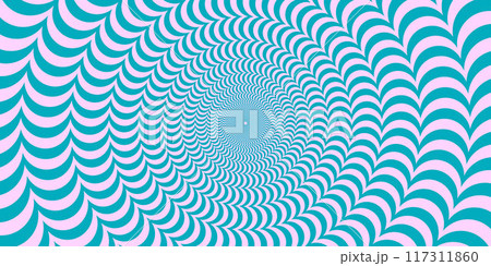 Blue and pink abstract wavy line surface. Radial distorted waves poster design. Optical illusion background. Trippy sunburst wallpaper. Vector spinning hypnotic illustration 117311860