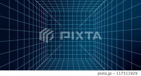 Abstract 3D mesh grid creating a geometric wireframe structure. Minimalistic y2k design with neon blue lines that form a retro futuristic, cyberpunk-inspired space. Digital art element. 117311929