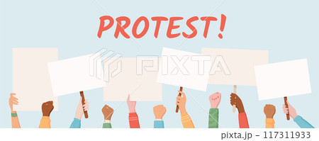 Diverse hands hold blank protest signs under a bold PROTEST headline. This social media template with raised fists captures the essence of a demonstration, solidarity, support, and strength banners 117311933
