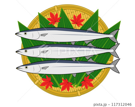 紅葉を添え、笹を敷いたザルに乗せたサンマ 117312046