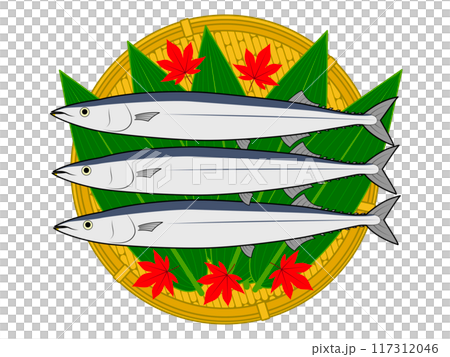 紅葉を添え、笹を敷いたザルに乗せたサンマ 117312046