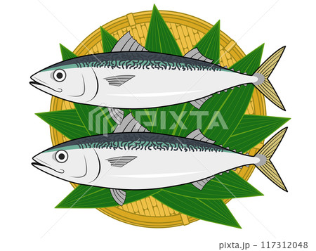 笹の葉を敷いたザルに乗せたサバ 117312048